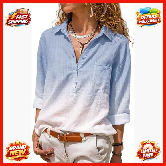 Tops - Oversized Cotton Button Down Shirt with Pocket Long Sleeve Blouse